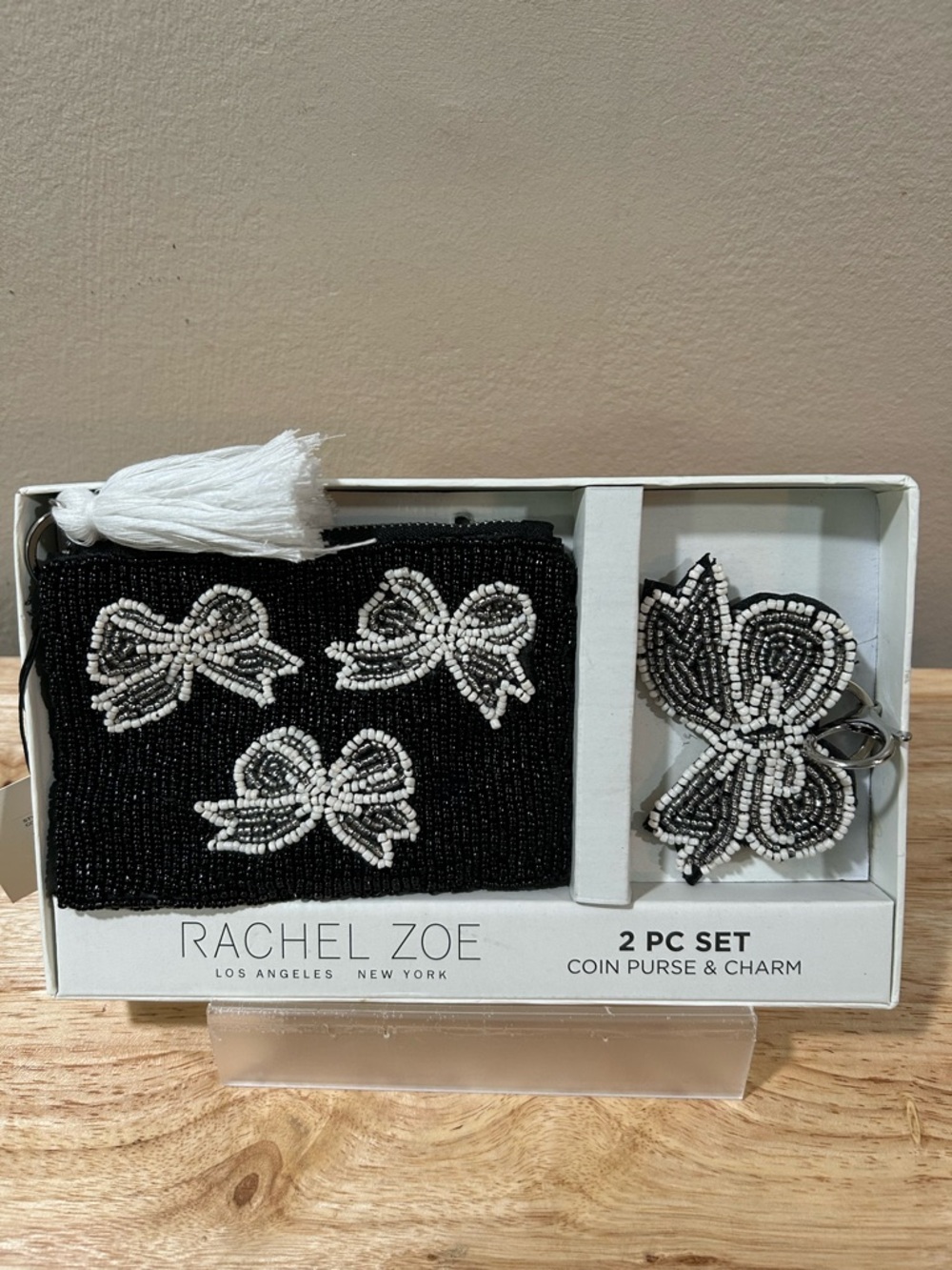 Rachel Zoe Black Beaded Coin Purse with White Beaded Bow Charm